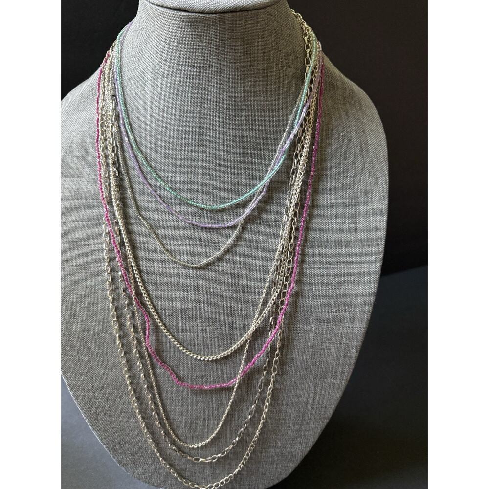 Lydell NYC Necklace Layered New Chain Beaded Chunky Festival Boho Silver Tone